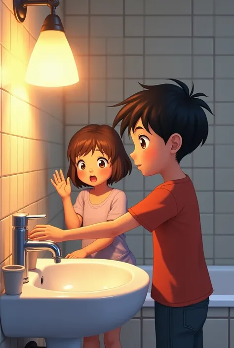 anime image of a boy with black skin and very short hair closing a spout in a bathroom sink and a Caucasian girl with brown hair turning off the light in the same bathroom  