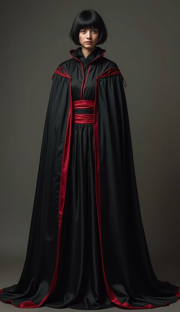 a white European Brazilian man with blue eyes and short straight black hair, She wears a huge long black robe with red borders