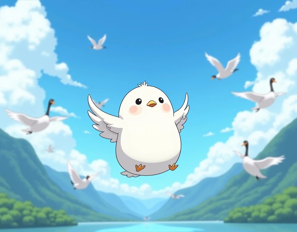 Masterpiece,Best quality, Anime style, pure white sparrow mascot, round body, fluffy body, simple face, cute appearance,flying in the sky,The most beautiful blue sky, the most wonderful scenery, the mountains  below, swans flying in flocks,