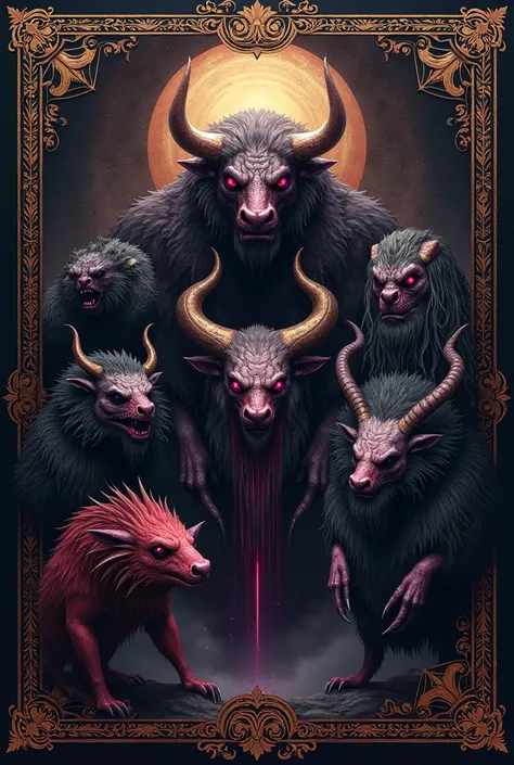 Generate the cover of a bestiary of Greek mythological creatures with dark colors 