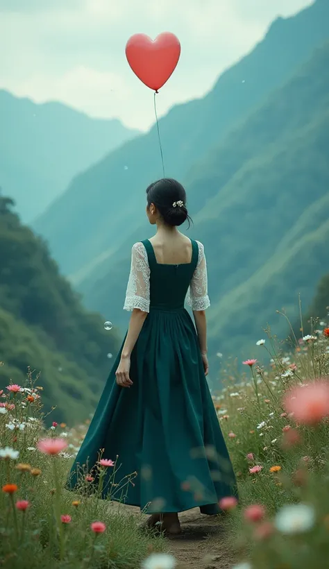  as beautiful as a movie, navy blue dress，wearing a white and darkness green dress. Beautiful Asian woman walking in the mountains ， looking in the direction of the camera ,  Full of flowers,  soap bubble balloons flying ...

 dark skies , and darkness