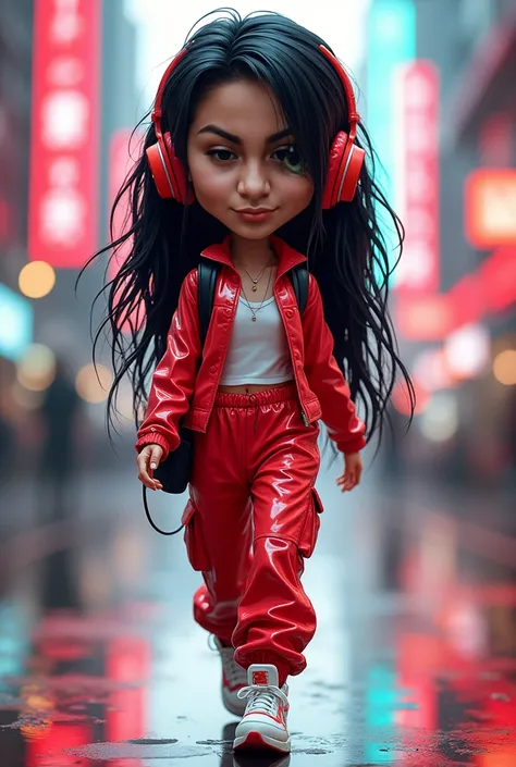 Caricature 4D realistik,perfect face and head ,big head ,pixiv,hyper detail ,Harajuku,futurism,fashion, Indonesian women,black wet look hair tekstur,petite body,walking happy,red headphone, colourful reflection,transparent red PVC jacket,long red pants whi...