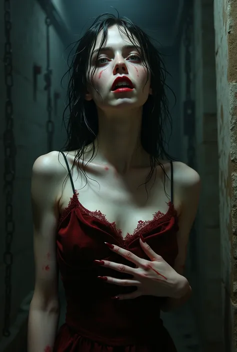 Vampire young girl,  sin maquillar, pelo efecto mojado, enmarañado y sucio  , Fangs, Catacomb , terror,  women chained to the wall    , long fingers,  very tight Victorian wet dark and red dress,  diabolical personality ,  women chained to walls, terror an...