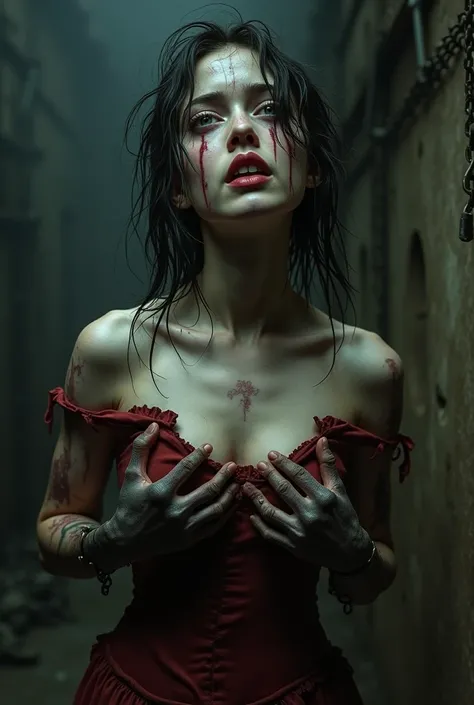 Vampire young girl,  sin maquillar, pelo efecto mojado, enmarañado y sucio  , Fangs, Catacomb , terror,  women chained to the wall    , long fingers,  very tight Victorian wet dark and red dress,  diabolical personality ,  women chained to walls, terror an...