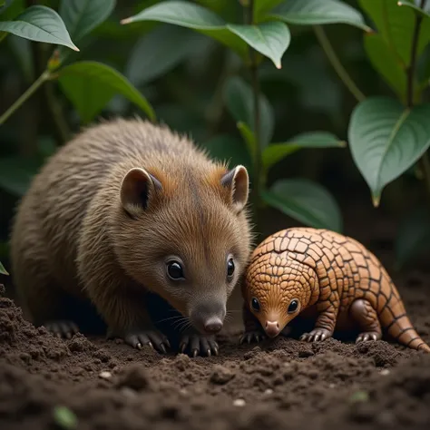  A hyperrealistic image of a baby wombat and a baby pangolin,  both full-bodied and side by side .  The wombat has a dense and soft brown coat ,  a rounded nose , and sturdy legs .  The pangolin has bright brown scales ,  a long tail and small claws .  The...