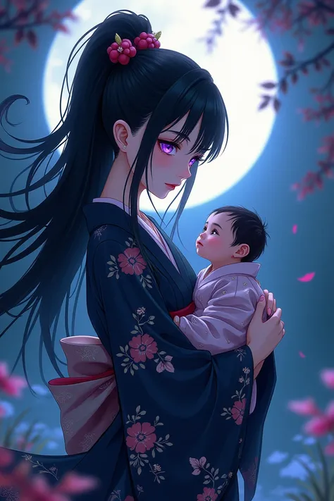 Create me an image of an anime yo-kai woman carrying a baby in her arms with black hair and eyes Violeta and the woman with black hair and red eyes who wears the traditional clothing of Japan anime version