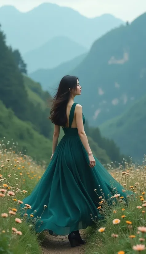  as beautiful as a movie, navy blue dress，wearing a white and darkness green dress. Beautiful Asian woman walking in the mountains ， looking in the direction of the camera ,  Full of flowers,  soap bubble balloons flying ...

 dark skies , and darkness