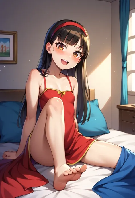 (( best quality)), ((masterpiece)), (be familiar with),  perfect face, indoor, bedroom,  viewer,
One woman,  Yukiko Aikina,
 characters with open mouth ,  ecstatic expression with hands in front of body, blush, smile,
Small breasts,  flat chested, Young gi...