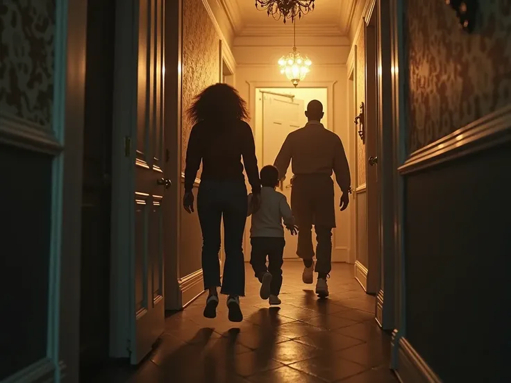  the black parents run away from fear of their  black son who is exorcised, They run away down the corridor of the house to go to the bathroom , with a bright environment 