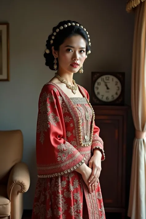 there is a indonesian woman standing in a room with a couch and a clock, traditional dress, traditional clothes, traditional clothing, braiden hair bride style ,taken with canon 5d mk4, traditional costume, captured on canon eos r 6, traditional beauty, or...