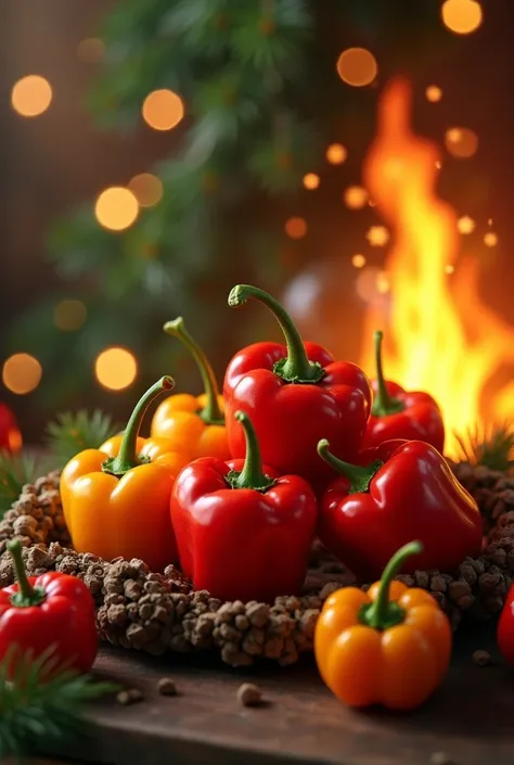 Image of scotch bonnet pepper in a Christmas background . More pepper.  Different colors. Add flames. Add reggae theme 