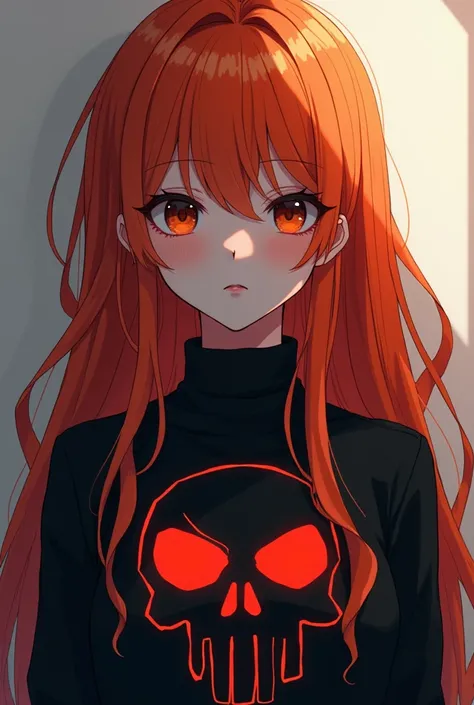 Create an image of an anime girl with these features: long dark orange hair and black lenses, a black sweater with a skull design. 