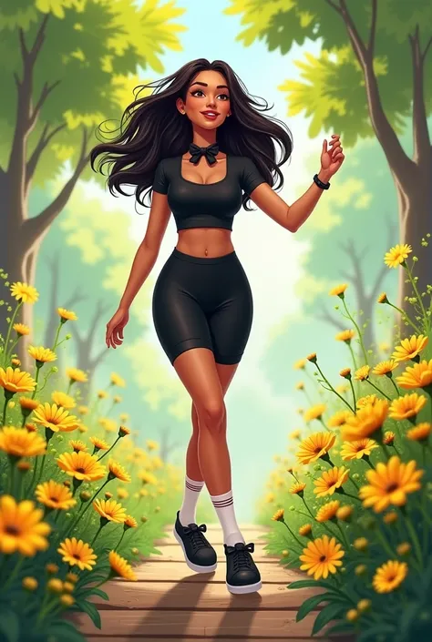 Tip: A very lovely  beautiful Mexican American woman enjoying a lovely spring outing surrounded by beautiful yellow flowers and nature.. The illustration is a high definition illustration with 4k resolution., with highly detailed facial features and cartoo...