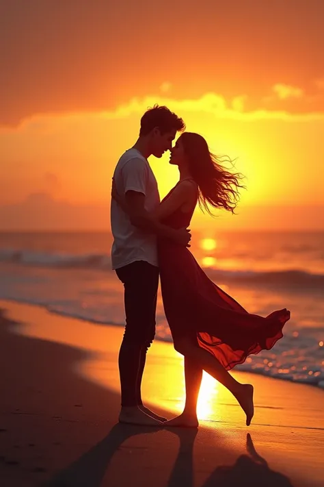 The romantic and sentimental silhouette of two young people dancing at sunset on the beach. emotional.