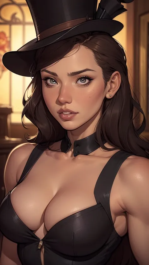 a close up of a woman wearing a top hat and a black dress,  extremely detailed Artgerm , artgerm style,  style Ivan Talavera and artgerm , artgerm style, Krenz Cushart and Artgerm, artgerm style,  comic strip artgerm , Detailed Artgerm, Welcome Artgerm