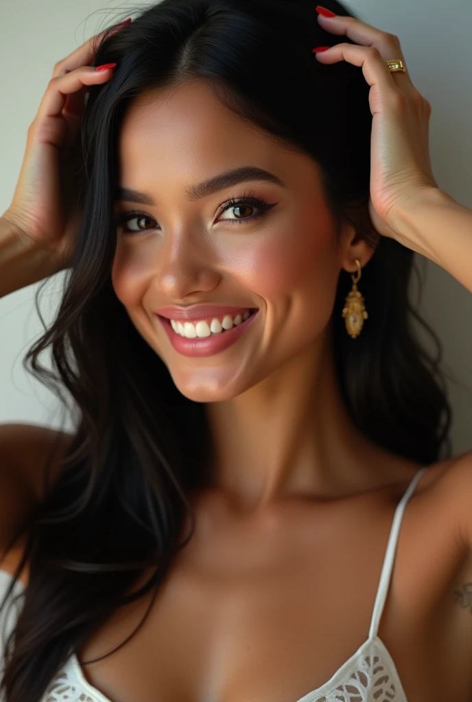  Generate a very realistic and natural photo of a beautiful 35-year-old Brazilian woman  , 70 kg and very white skin  , well-designed details on the face  , Your hair is long and black or straight you are wearing perfect makeup well-designed cheekbones  , ...