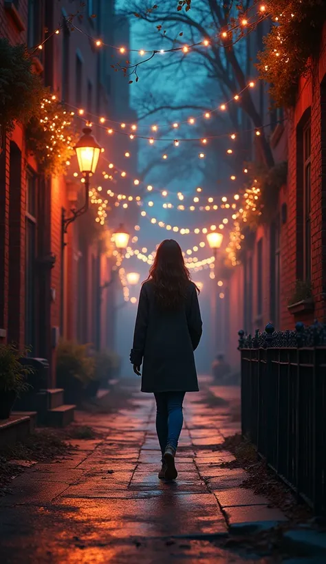 Woman going, Walking at night through an alley illuminated by Christmas lights. vivid colors and realistic .