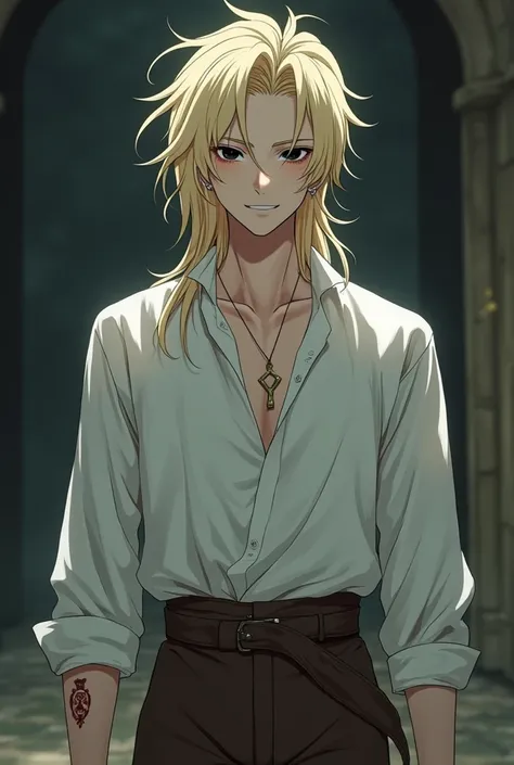 a light blonde young man in his twenties, long hair that goes along his back as soft as silk and also very messy, his black eyes looking lifeless without any light on it. Skin as white as snow. an average height of 59 and a warm but dangerous smile. he wea...