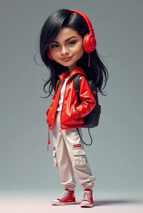 Caricature 4D realistik,style Pixar hd,perfect face and headed ,big head ,pixiv,hyper detail ,Harajuku,futurism,fashion, Indonesian women,black wet look hair tekstur,petite body,walking happy,red headphone, colourful reflection,transparent red PVC jacket,l...