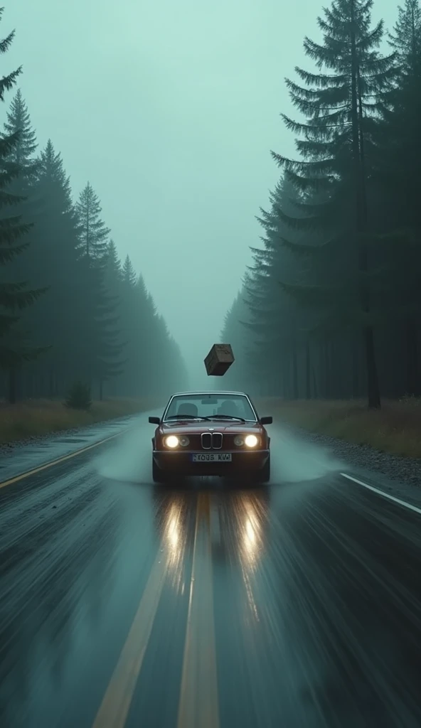 On a rainy day, a car speeds down a deserted road surrounded by trees and puddles. A cardboard box is floating through the open car window, landing on the wet shoulder of the road.
