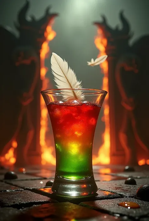 3. Refrain: Diablo Shot  (tequila + Grenadine +  lime juice )
"Ein mehrschichtiger Diablo Shot  mit roter Grenadine, goldenem tequila und einem Limettengrün-Abschluss in einem eleganten Glas.  The background shows a dark place :  a burning gate with demoni...