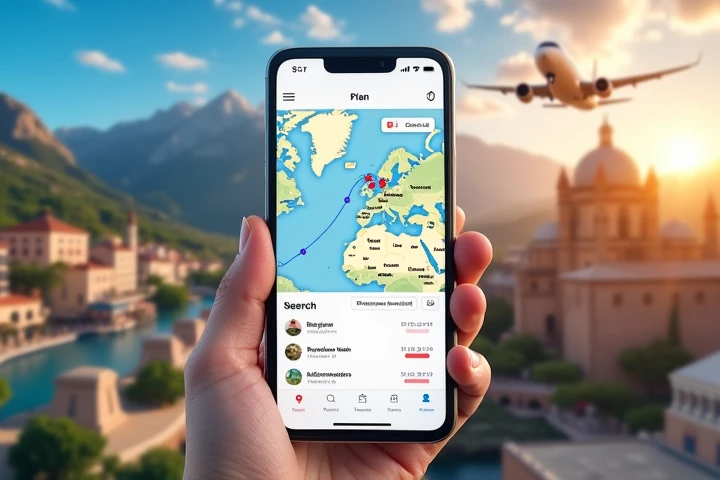  Create an inspiring image ,  that conveys the convenience and ability to plan a trip using AI.

In the foreground:

 Smartphone or tablet with a travel planner interface .  The screen should show a route map with ,  travel dates and  " Plan ".
 Personaliz...