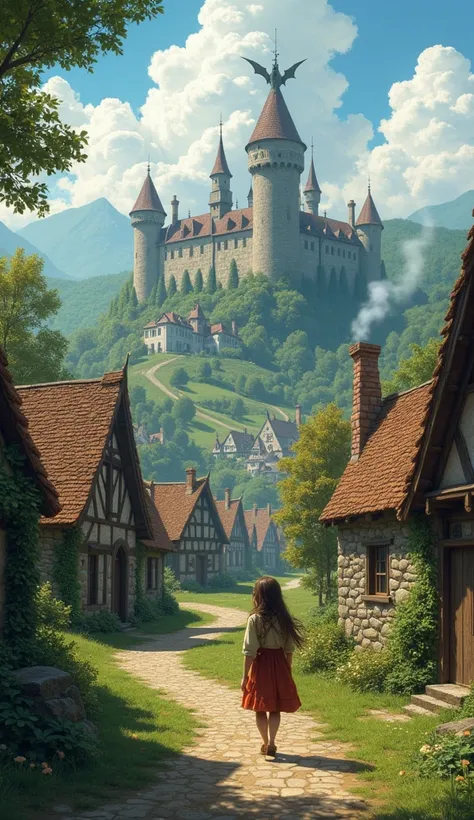 Create a medieval village and a girl with her back entering this village and in the background in the distance a castle with a dragon on top