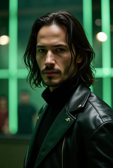 (((Character))) Neo, (((movie))) Matrix (((Keanu Reeves)) photo, mastermiece, top quality, (Ultra detail face and eyes 1.3) Adult, ((posing)) photo shoot, medium shot, Studio, Bokeh effect, 32k,cinematography, colored lighting, (special attention to skin d...