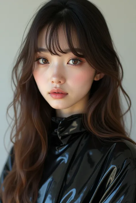 (photorealism:1.2), beautiful woman with fair skin tone, with brownish hair highlight layer long hair face framing and curtain bangs with straight c curl hair, wear black big plastic for the bin as her costume and her name is May. Make it perfect