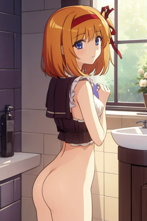 kaedefuyou, kaede fuyou, short hair, orange hair, hair ribbon, hairband, blue eyes,Completely naked、 nudes、whole body、 show me your butt 、Giving a handjob、 having sex BREAK looking at viewer, shy BREAK womens toilet 、Toilet bowl BREAK  (masterpiece:1.2), b...