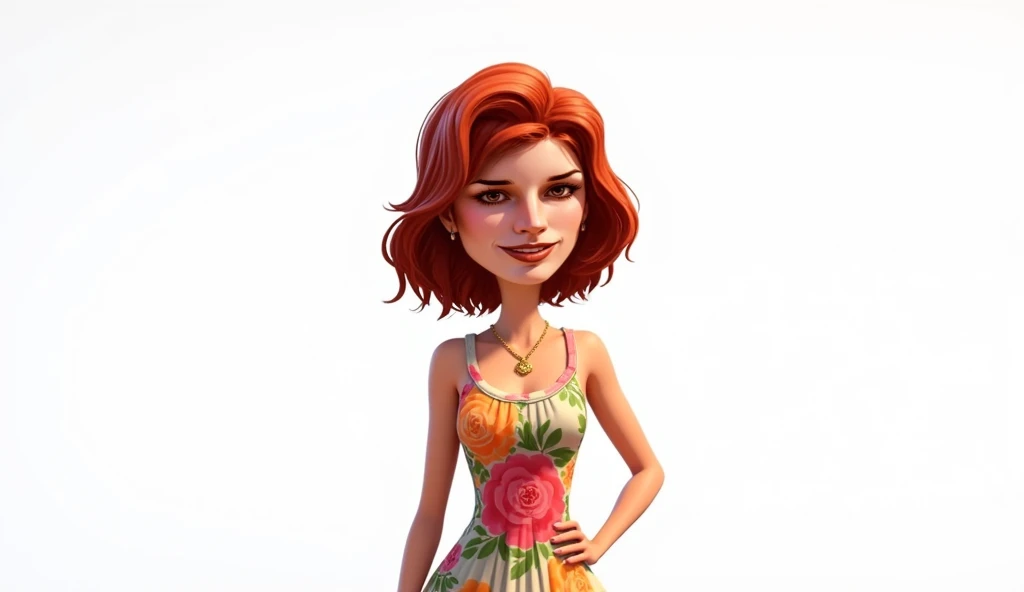  The image shows a female character in a graphic style inspired by GTA V, with a cartoonish look . She is smiling,  with short wavy reddish brown hair ,  and wears a dress with floral prints and a gold chain with a pendant .  The background is completely w...