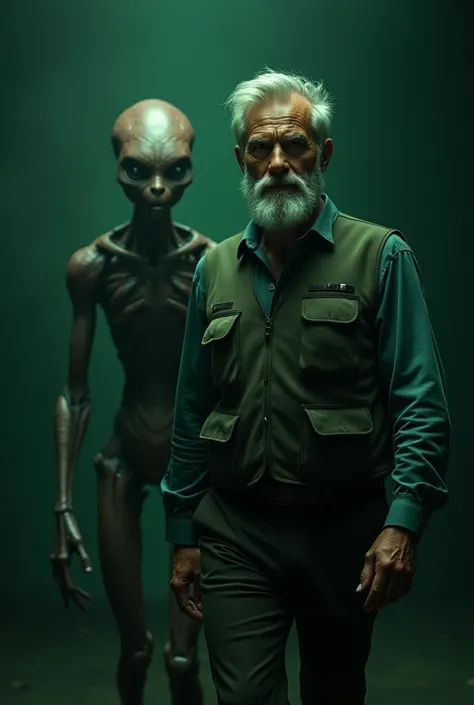 a middle-aged man with a short white beard and hair, wearing a reporters vest, walking side by side with an alien creature, dark green background, cinematic lighting, hyper realistic, highly detailed, 8k, photorealistic, portrait, masterpiece, intricate de...