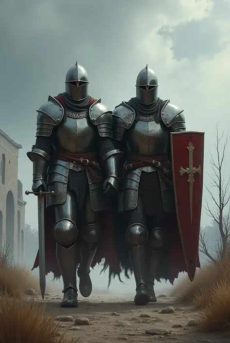 Create two medieval knights walking side by side with dark tones generate another