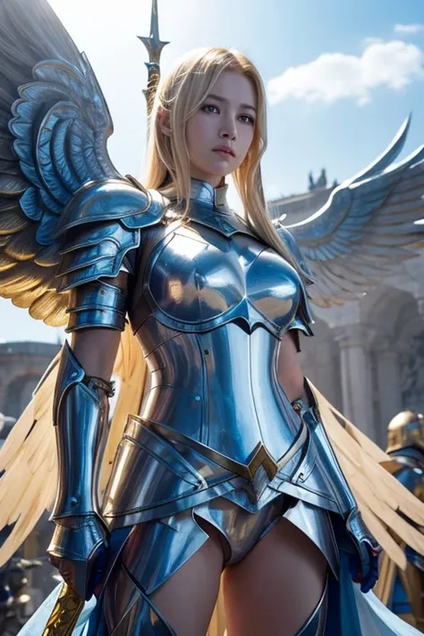 「 Please draw a scene where a female knight with golden wings holds a sword。She is blonde、Im wearing blue and silver armor 、 preparing for battle 。 There is a large statue in the background 、 light is shining in 。Her posture is strong、 representing a fight...