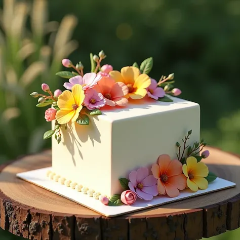 Cube Cake，Covered with June flowers, On an outdoor table.