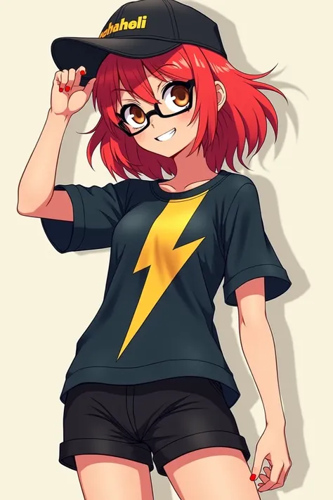 Female anime character with red hair lightning shirt mc queen black shorts brown eyes glasses and a cap
