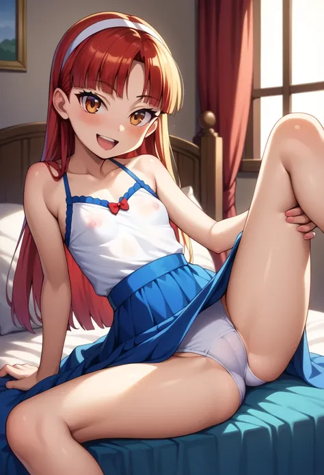 (( best quality)), ((masterpiece)), (be familiar with),  perfect face, indoor, bedroom,  viewer,
One woman,  Yukiko Aikina,
 characters with open mouth ,  ecstatic expression with hands in front of body, blush, smile,
Small breasts,  flat chested, Young gi...