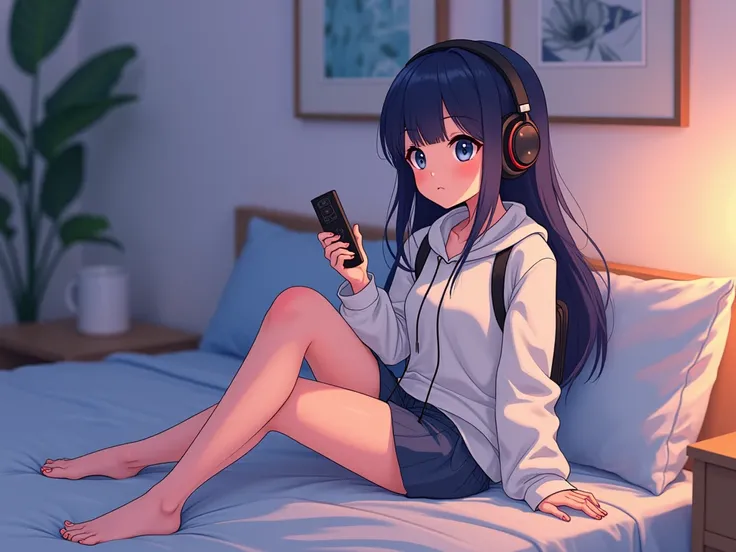 Anime girl sitting on bed with headphones and holding a remote control, an anime cartoon inspired by Atey Ghailan , Trending on PIXIV, serial art, lofi girl, Arte Lofistyle, Arte Lofi, garota lofi aesthetics , lofi cores, lofi feeling,  in the style of ate...