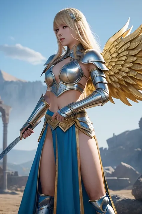 「 Please draw an illustration of a female warrior fighting in a fantasy world。She is blonde、 wears a blue skirt and silver armor 。 She has big golden wings on her back 、Shes ready for battle with a sword 。 and majestic statues stand in the background 。」
