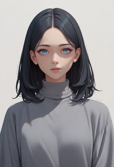 score_9, score_8_up, score_7_up, source_anime, best quality, clear face,cool law girl, black hair, blue eyes, medium hair, large, perfect body,grey sweater,plain black shirt,dimple design,straight hair,serius,