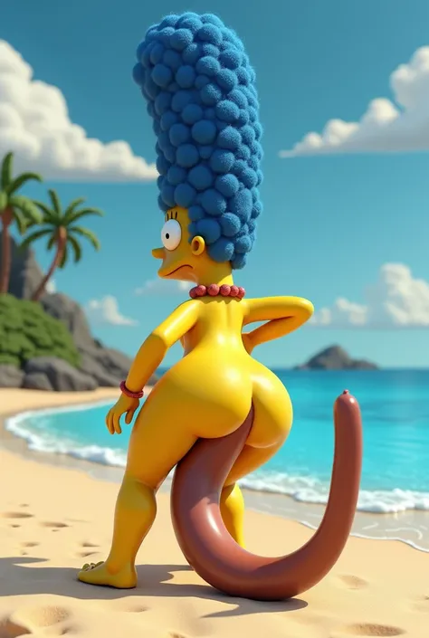 3d marge simpson pose on beach ejecting a long chocolate sausage from backside hole