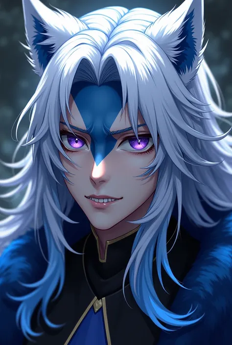  An serious anime man ,  long white hair ,  blue locks with blue marks on his face , half-purple gray eyes ,  wolf fangs and furry little ears with braids in their hair 