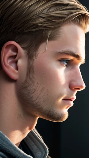 Realistic photo of a young Icelandic man focusing on his face 