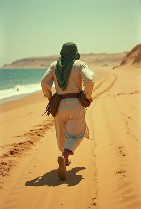 A scene from a 1950 film, shot using 1950s Super Panavision Film Stock, 70mm, with visible film scratches, vintage, and retro elements. Set in the year 600. Show the back of Abu Bashir, around 35 years old, wears a worn-out white robe with a tattered green...