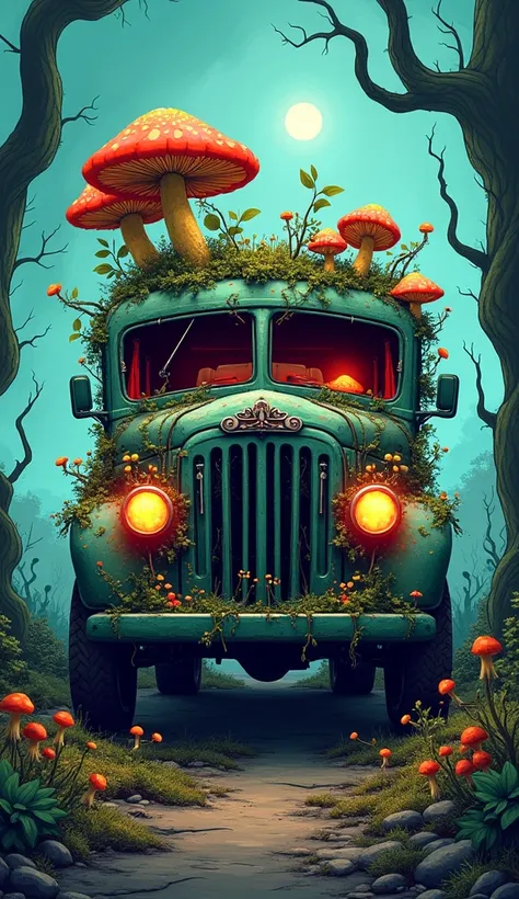 "Create a surreal, vibrant illustration of an abandoned vehicle transformed into an organic, grotesque fusion of nature and decay. The vehicles structure should resemble a skull, with its front end forming eye sockets glowing with eerie red light and large...