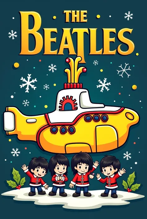 Christmas t-shirt design with a yellow submarine that says The Beatles above and The Beatles in cartoon below