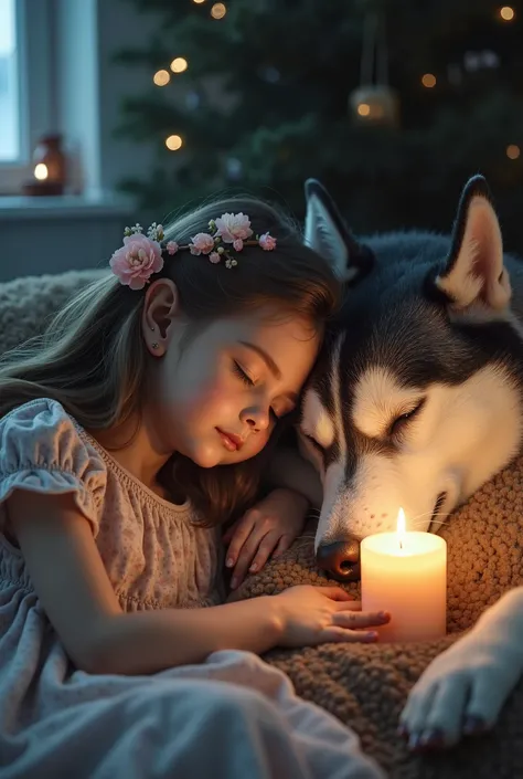 A realistic picture with more wonderful and very accurate details of a girl sleeping near Kalba the Husky, wearing a dress decorated with flowers, sleeping on her back. There is a candle that lights the place,