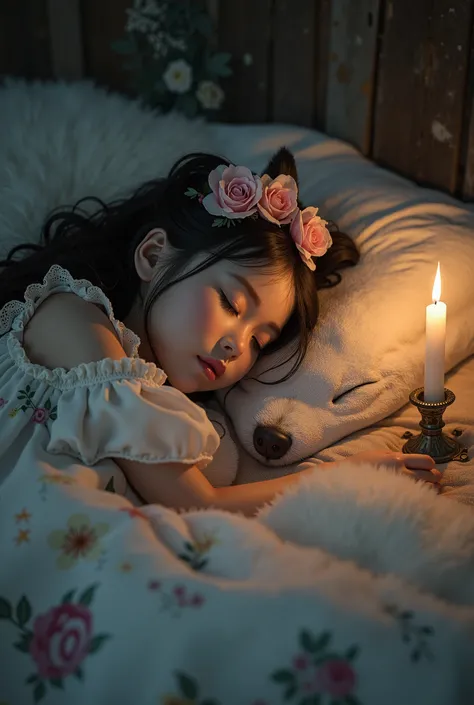 A realistic picture with more wonderful and very accurate details of a girl sleeping near Kalba the Husky, wearing a dress decorated with flowers, sleeping on her back. There is a candle that lights the place,