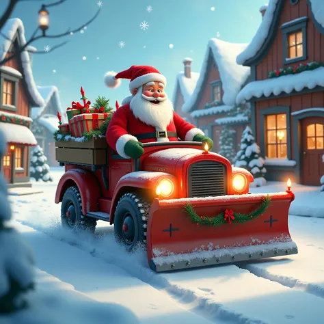 Santa driving a red and green snowplow through a snowy town delivering gifts.