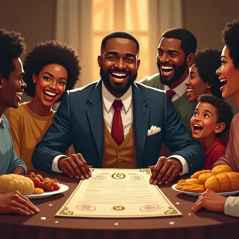 Black man sitting at the table with family with a big stock in front of him